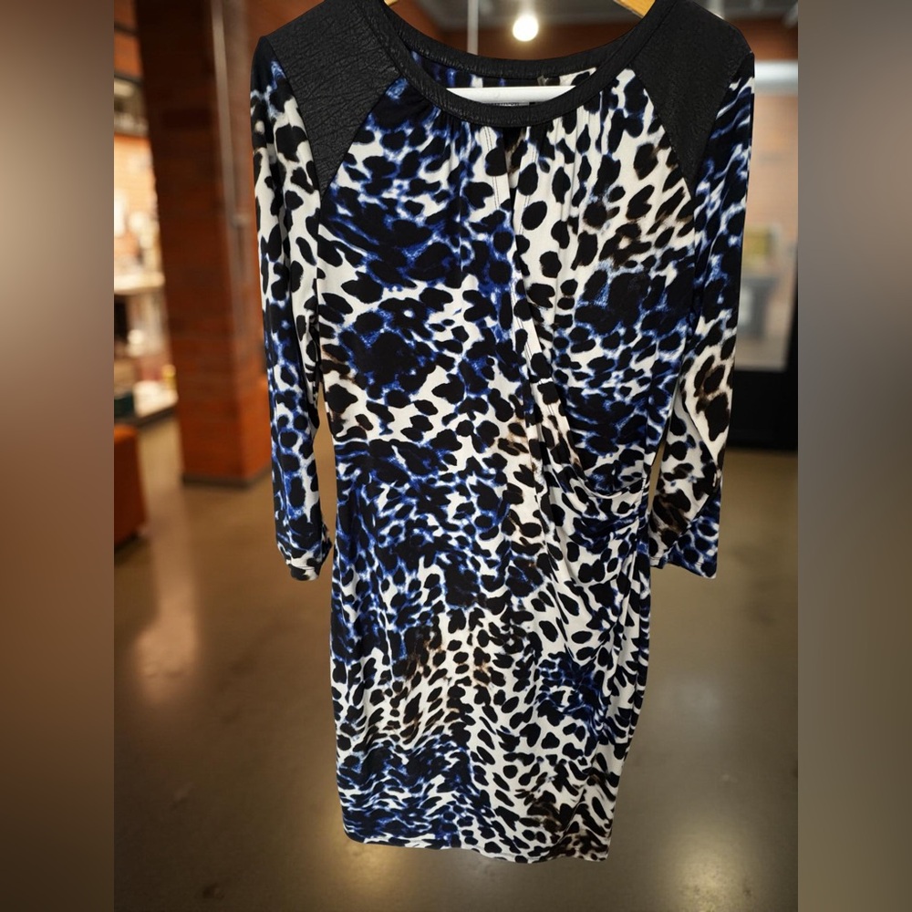 Calvin Klein Cheetah Wrap Dress Women's Large Blue Yellow Cocktail EUC - Picture 4 of 12